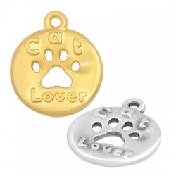Colgante de Metal Zamak Redondo "Cat Lover" Pata Gato 16mm