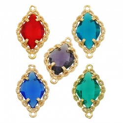 Conector de Metal Latón Rombo con Vidrio Engarzado 17x13mm