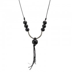 Necklace with Black Wooden Beads & Metal Silver Bar
