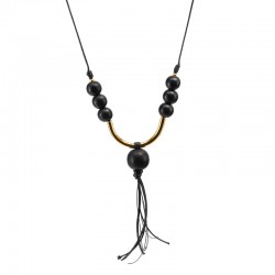 Necklace with Black Wooden Beads & Metal Gold Bar