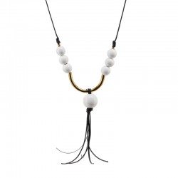 Necklace with White Wooden Beads & Metal Gold Bar