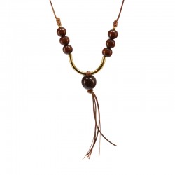 Necklace with Brown Wooden Beads & Metal Gold Bar