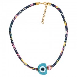 Necklace with Floral Ribbon & Light Blue Resin Evil Eye