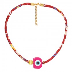 Necklace with Floral Ribbon & Pink Resin Evil Eye