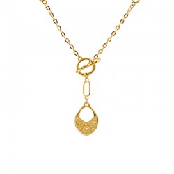 Collar de Oro con Cierre en Forma de T y Colgante Étnico en Relieve