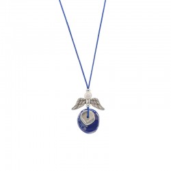 Necklace with Blue Ceramic Disc & Metal Wing Elements