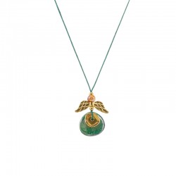 Necklace with Green Ceramic Disc & Metal Wing Elements