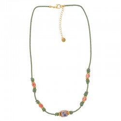 Necklace with Twisted Cord & Ceramic Rondelle with Flowers