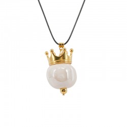 Collar Con Cuenta De Cerámica Blanca Y Corona Dorada