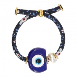 Pulsera con Ojo de Resina Azul, Perla y Cordón Floral