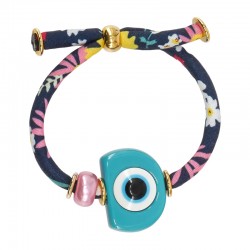 Pulsera con Ojo de Resina Azul Claro, Perla y Cordón Floral
