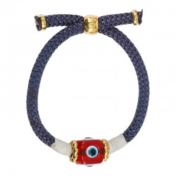 Pulsera con Ojo de Resina Rojo en Forma de Cubo y Cordón Azul