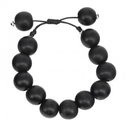 Pulsera con cuentas de madera negras y separadores metálicos plateados