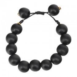 Pulsera con cuentas de madera negras y separadores metálicos dorados