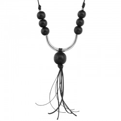 Collar con cuentas de madera negras y barra de metal plateada