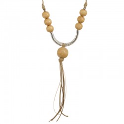 Collar con cuentas de madera crudo y barra metálica plateada