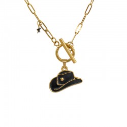 Collar de Oro con Sombrero de Vaquero Esmaltado en Negro y Cierre en T