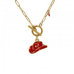 Collar de oro con sombrero de vaquero esmaltado en rojo y cierre en T