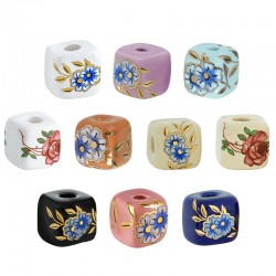 Cuenta de Cerámica Cubo con Flores 10mm (Ø2.7mm)