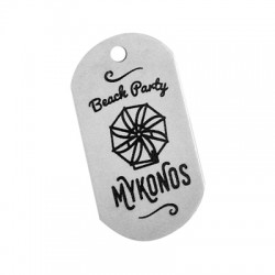 Brass Tag "Beach Party MYKONOS" 20x37mm (Ø 2.9mm)