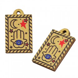 Colgante de Madera Rectangular con Hamsa/Ojo 16x21mm